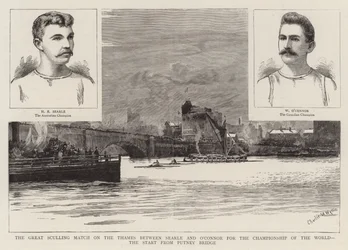 世界選手権のサールとオコナーの間のテムズ川での大規模なスカル試合、パトニーブリッジからのスタート